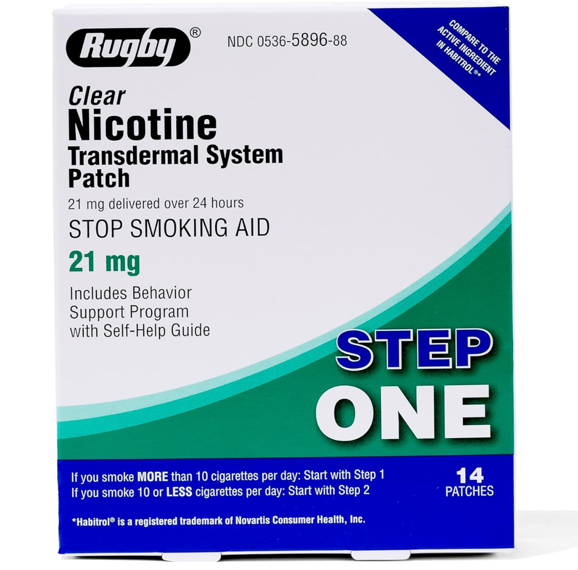 Rugby Clear Nicotine Patches - Transdermal System Patch - Smoking or Vaping Quitting Aid - Step 1-21mg - 14 Count