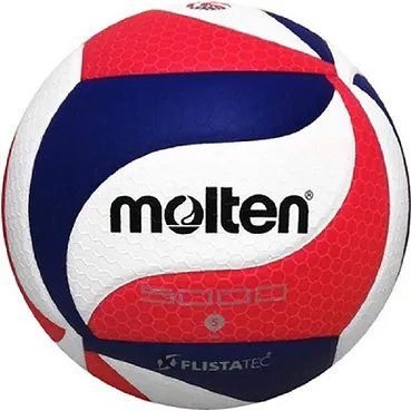 A red, white and blue volleyball is shown.